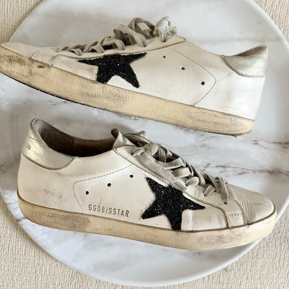 Golden Goose Shoes - Golden Goose Superstar Sneakers Shoes Ssence White Leather Black Glitter Star 38